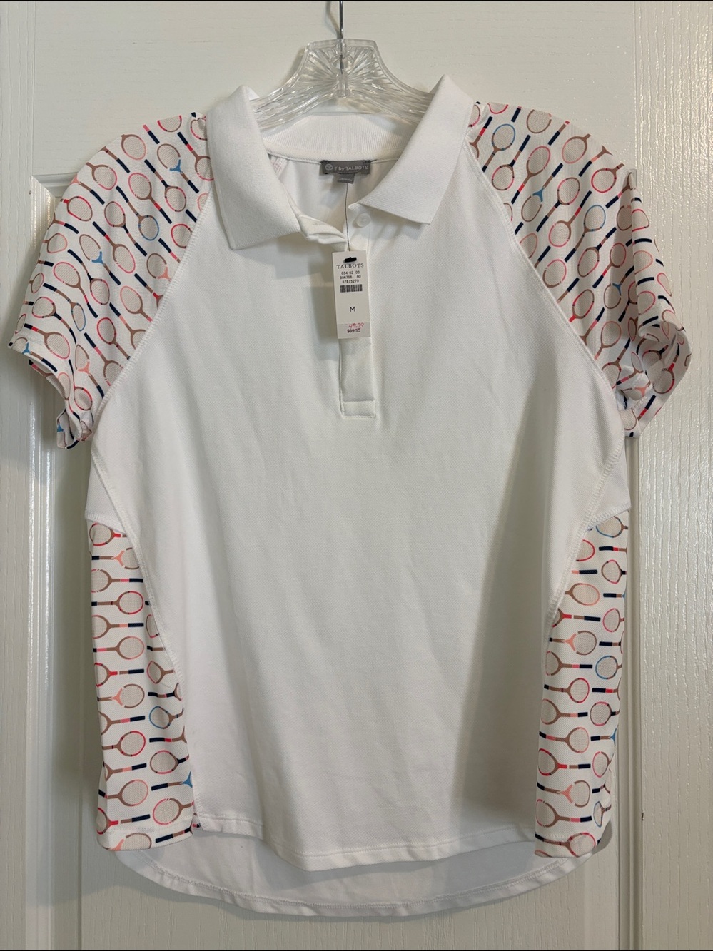 T by Talbots white polo with racket print.